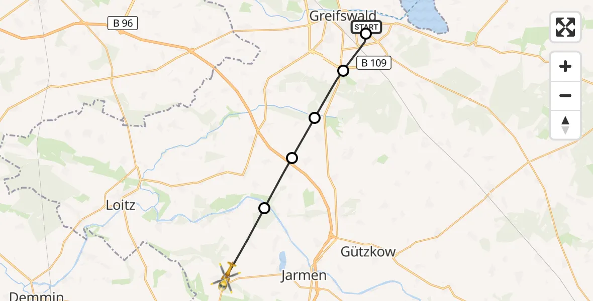 Flugroute Rettungshubschrauber Greifswald Hospital - Bentzin, 29 Juli 2026, 09:08