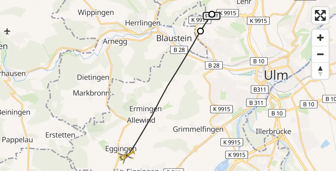 Flugroute Rettungshubschrauber Ulm Military Hospital Emergency - Ulm, 29 Juli 2026, 09:09