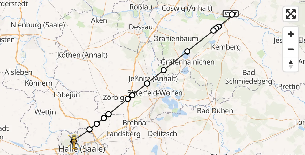 Flugroute Rettungshubschrauber Paul-Gerhardt-Stift Evangelical Hospital - Halle (Saale) University Hospital, 29 Juli 2026, 09:11