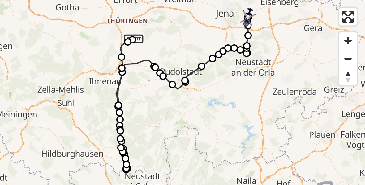 Flugroute Polizeihubschrauber Arnstadt-Alkersleben Flugplatz - Jena-Schöngleina Flugplatz, 29 Juli 2026, 09:12