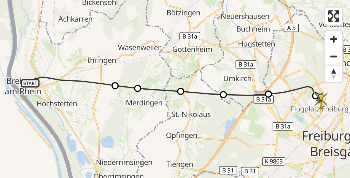 Flugroute Ambulanzhubschrauber Breisach am Rhein - Freiburg im Breisgau Flugplatz, 29 Juli 2026, 09:13
