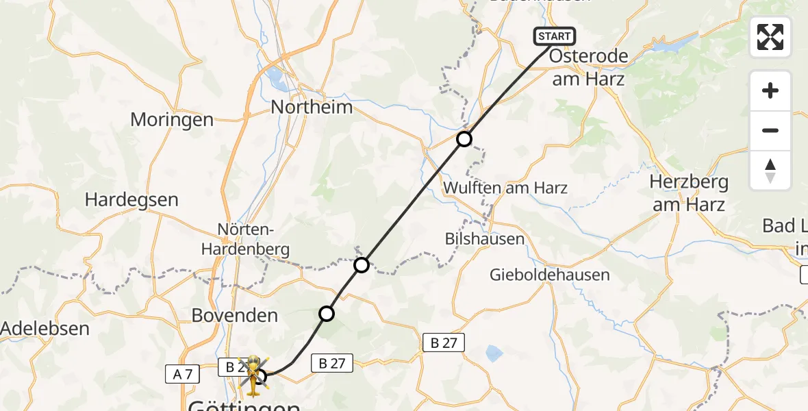 Flugroute Rettungshubschrauber Osterode am Harz - Göttingen University Clinic Hubschrauberlandeplatz, 29 Juli 2026, 09:15