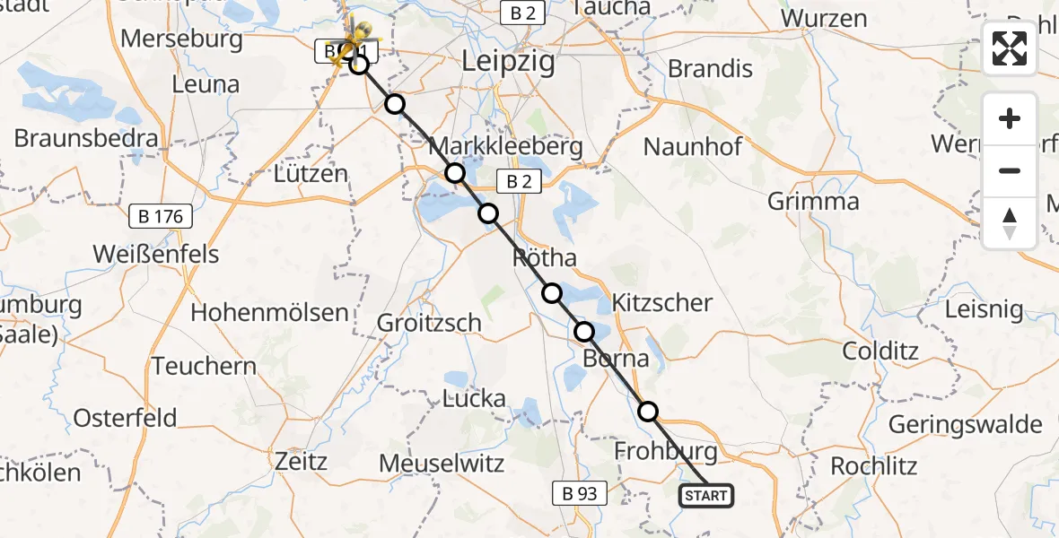 Flugroute Rettungshubschrauber Frohburg - ADAC Air Rescue Station Leipzig/Schkeuditz-Dölzig Hubschrauberlandeplatz (Christoph 61), 29 Juli 2026, 09:18