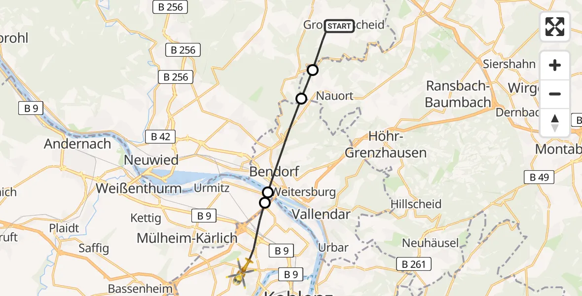 Flugroute Rettungshubschrauber Großmaischeid - Koblenz, 29 Juli 2026, 09:19