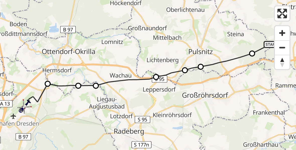 Flugroute Polizeihubschrauber Elstra - Dresden Bundespolizei Hubschrauberlandeplatz, 29 Juli 2026, 09:19