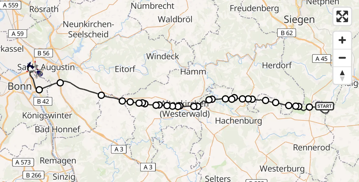 Flugroute Polizeihubschrauber Liebenscheid - Sankt Augustin, 29 Juli 2026, 09:21