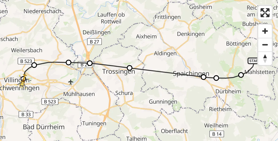 Flugroute Ambulanzhubschrauber Mahlstetten - DRF Air Rescue Station Villingen-Schwenningen Hubschrauberlandeplatz (Christoph 11), 29 Juli 2026, 09:21