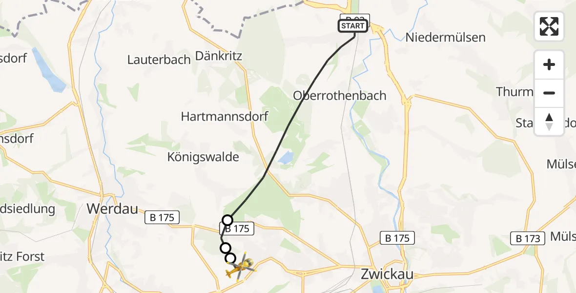 Flugroute Rettungshubschrauber Zwickau - ADAC Air Rescue Station Zwickau Hubschrauberlandeplatz, 29 Juli 2026, 09:26