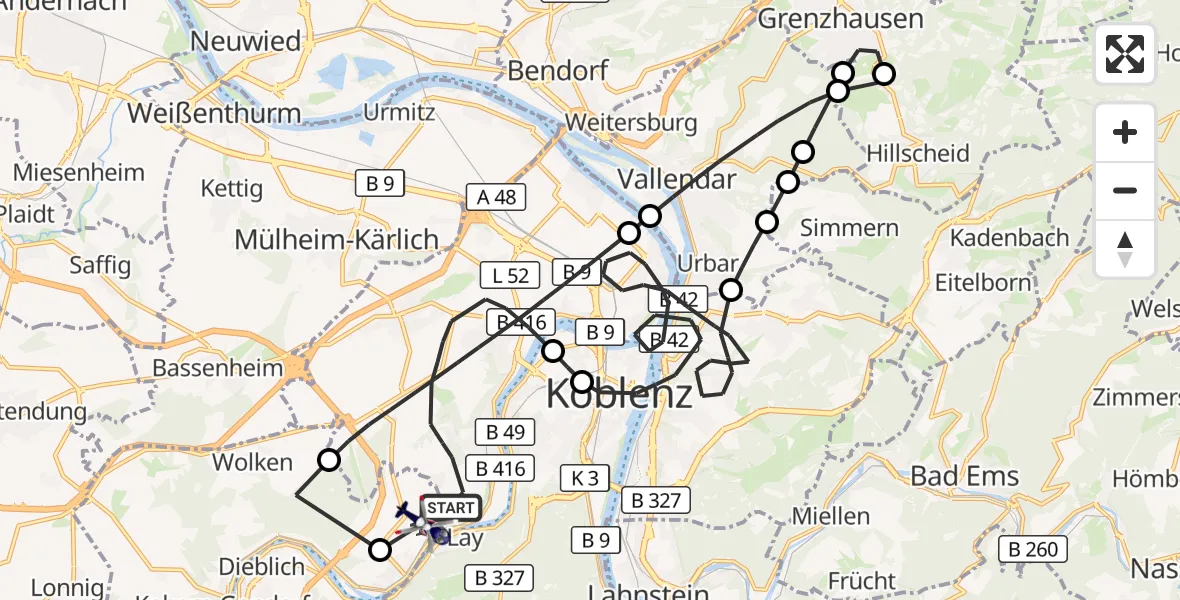 Flugroute Polizeihubschrauber Koblenz - Koblenz-Winningen Flugplatz, 29 Juli 2026, 09:27