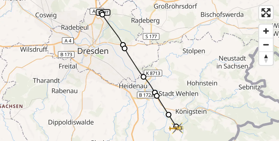 Flugroute Rettungshubschrauber Dresden Bundespolizei Hubschrauberlandeplatz - Bad Gottleuba-Berggießhübel, 29 Juli 2026, 09:28