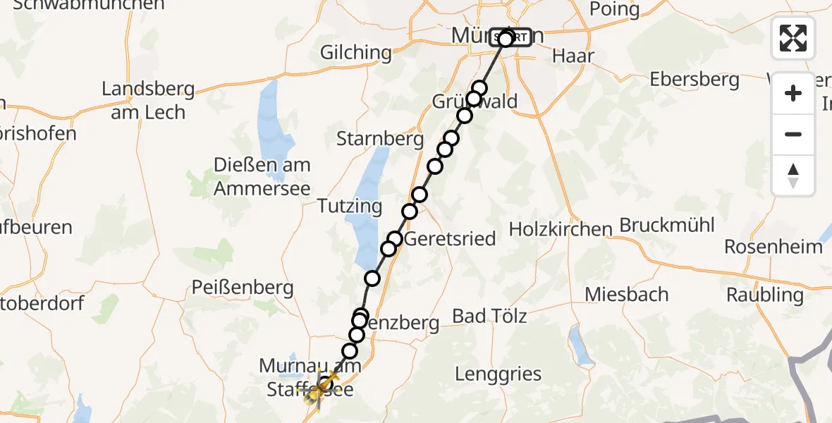 Flugroute Rettungshubschrauber Rechts der Isar University Hospital - Murnau a.Staffelsee, 29 Juli 2026, 09:31