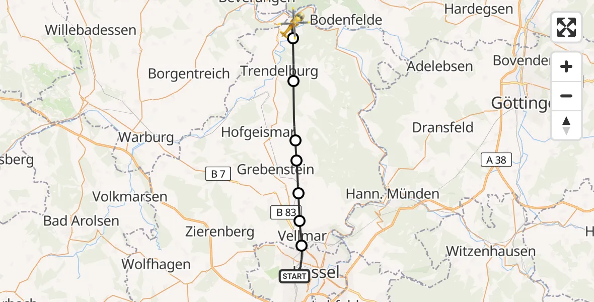 Flugroute Rettungshubschrauber Kassel - Bad Karlshafen, 29 Juli 2026, 09:40