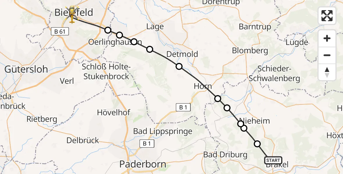 Flugroute Rettungshubschrauber Brakel - Bielefeld, 29 Juli 2026, 09:42
