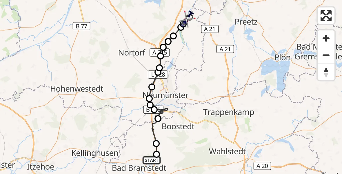 Flugroute Polizeihubschrauber Bimöhlen - Flintbek, 29 Juli 2026, 09:49
