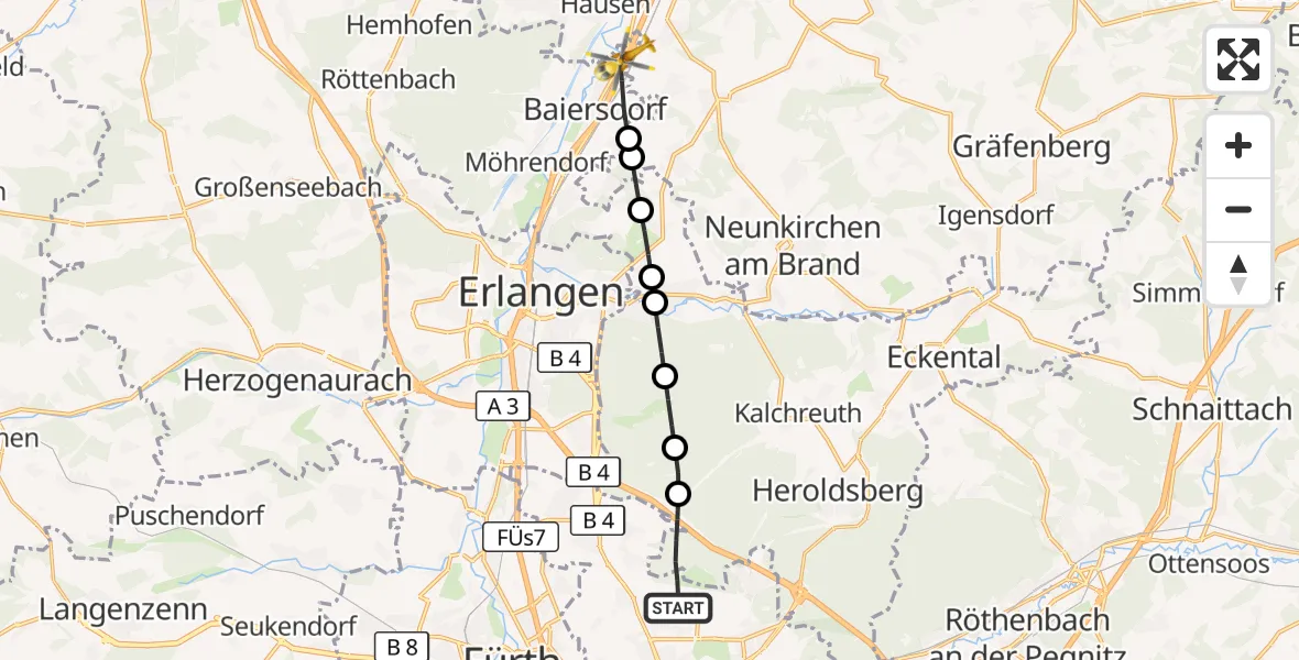 Flugroute Ambulanzhubschrauber Flughafen Nuremberg - Baiersdorf, 29 Juli 2026, 10:02