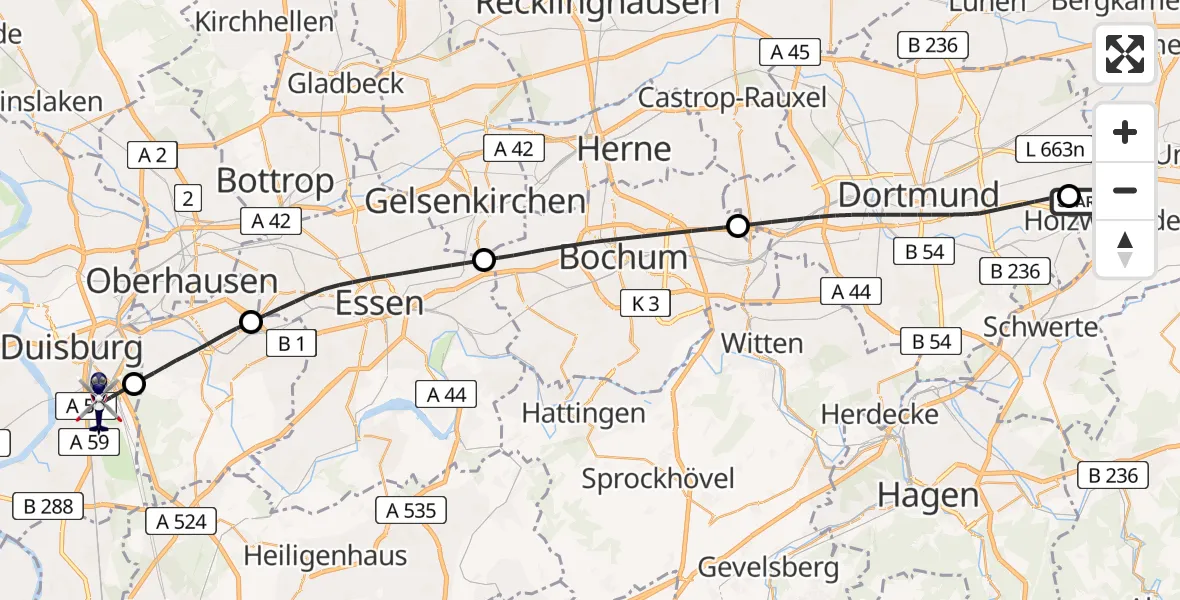 Flugroute Polizeihubschrauber Dortmund Flughafen - Duisburg, 29 Juli 2026, 10:02