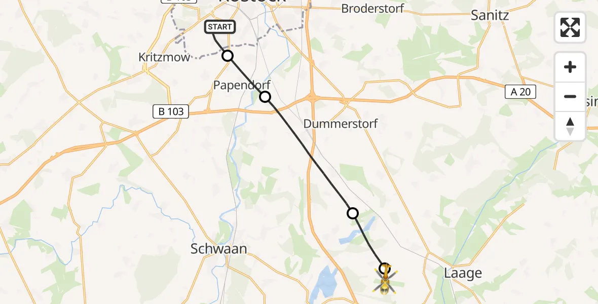 Flugroute Rettungshubschrauber Rostock - Flughafen Rostock-Laage, 29 Juli 2026, 10:02