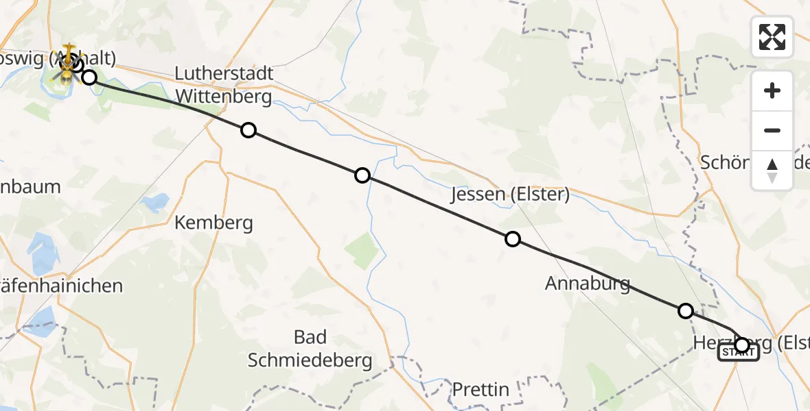 Flugroute Rettungshubschrauber Elbe-Elster Hospital Herzberg - MediClin Heart Center Coswig Hubschrauberlandeplatz, 29 Juli 2026, 10:03
