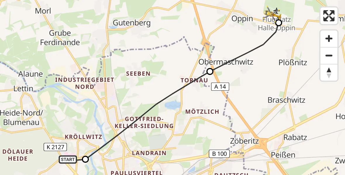 Flugroute Rettungshubschrauber Halle (Saale) University Hospital - Halle-Oppin Flugplatz, 29 Juli 2026, 10:12