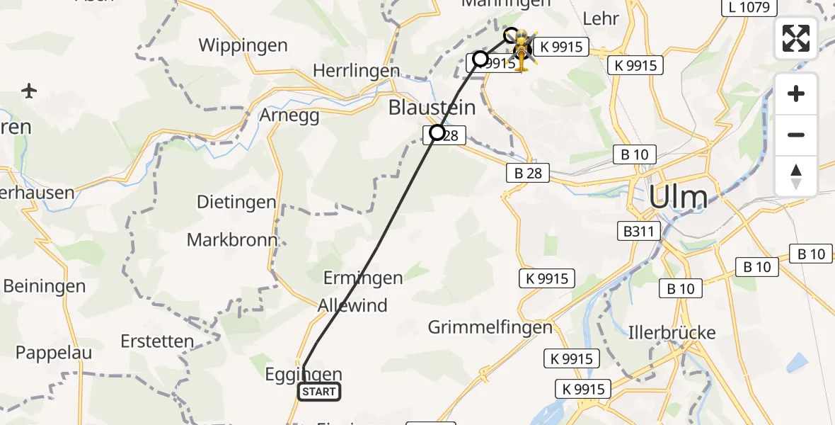 Flugroute Rettungshubschrauber Ulm - ADAC Air Rescue Station Ulm (Christoph 22), 29 Juli 2026, 10:13