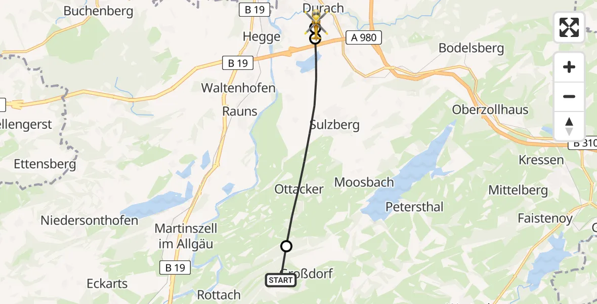Flugroute Rettungshubschrauber Rettenberg - Kempten-Durach Flugplatz, 29 Juli 2026, 10:17