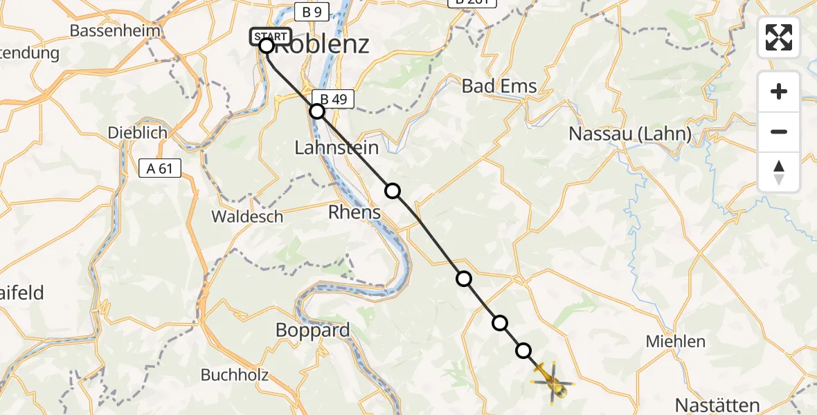 Flugroute Rettungshubschrauber Kemperhof Koblenz Klinikum Hubschrauberlandeplatz - Gemmerich, 29 Juli 2026, 10:21