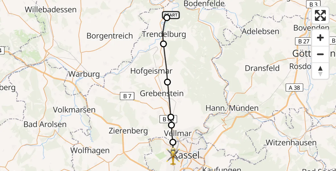 Flugroute Rettungshubschrauber Bad Karlshafen - Kassel, 29 Juli 2026, 10:21