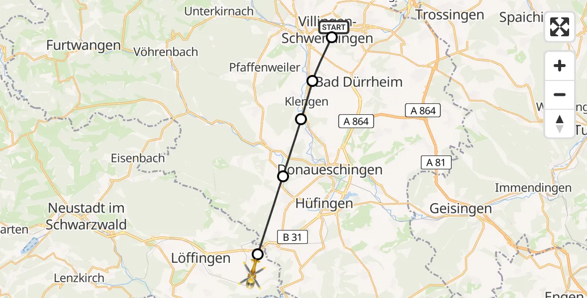 Flugroute Ambulanzhubschrauber DRF Air Rescue Station Villingen-Schwenningen Hubschrauberlandeplatz (Christoph 11) - Löffingen, 29 Juli 2026, 10:23