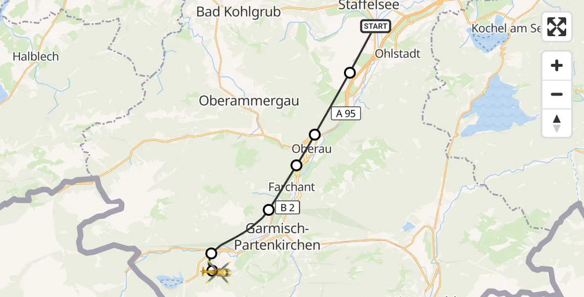 Flugroute Rettungshubschrauber Murnau a.Staffelsee - Brandweg Hubschrauberlandeplatz, 29 Juli 2026, 10:26