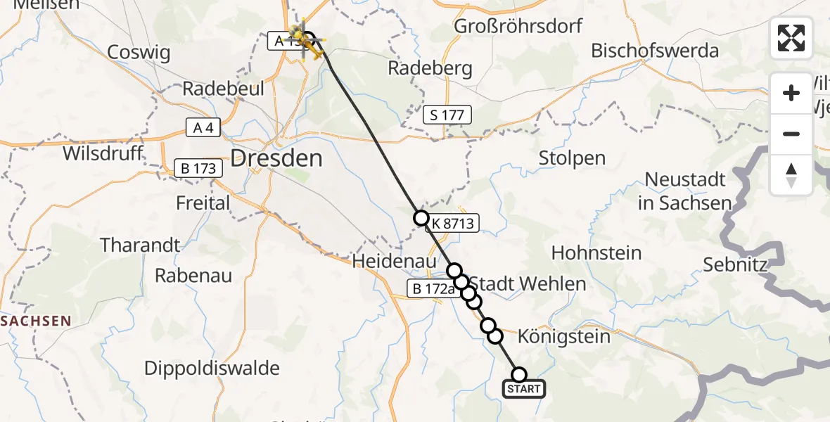 Flugroute Rettungshubschrauber Bad Gottleuba-Berggießhübel - Dresden Bundespolizei Hubschrauberlandeplatz, 29 Juli 2026, 10:27