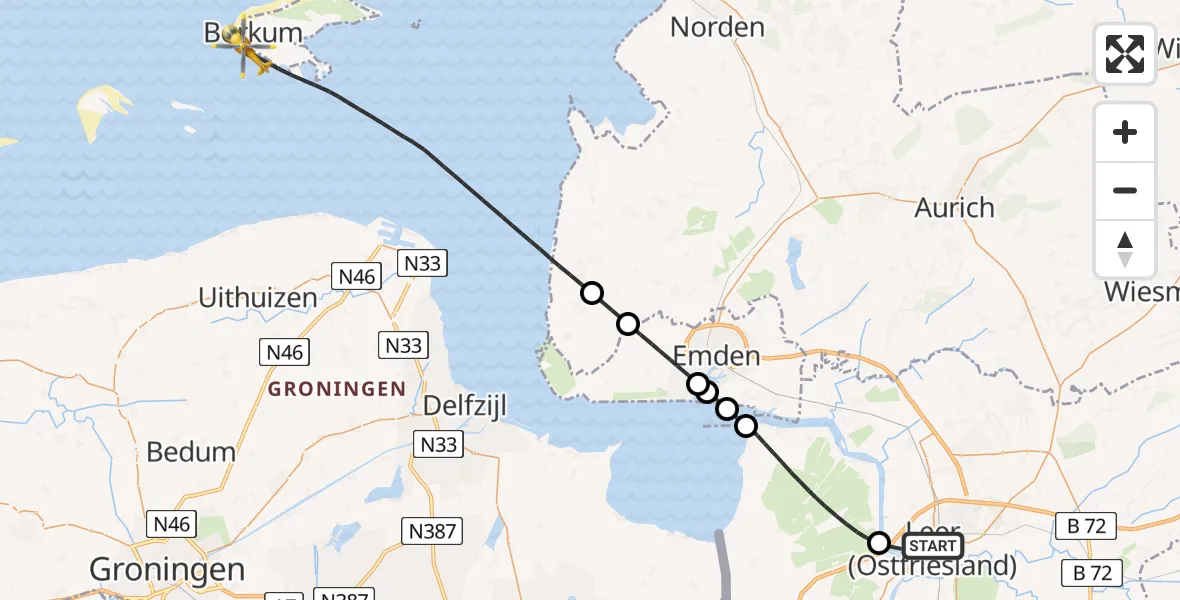 Flugroute Ambulanzhubschrauber Leer (Ostfriesland) - Noordzee, 29 Juli 2026, 10:29