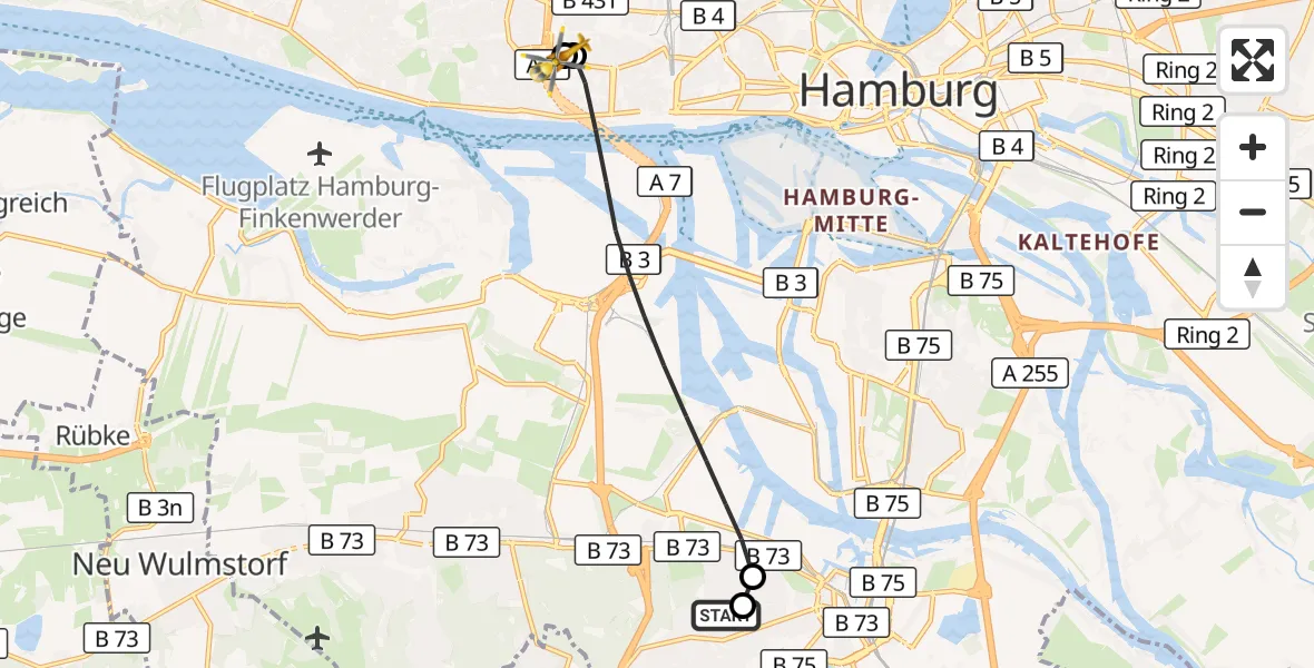 Flugroute Ambulanzhubschrauber Asklepios Hospital Harburg - Asklepios Hospital Altona, 29 Juli 2026, 10:29