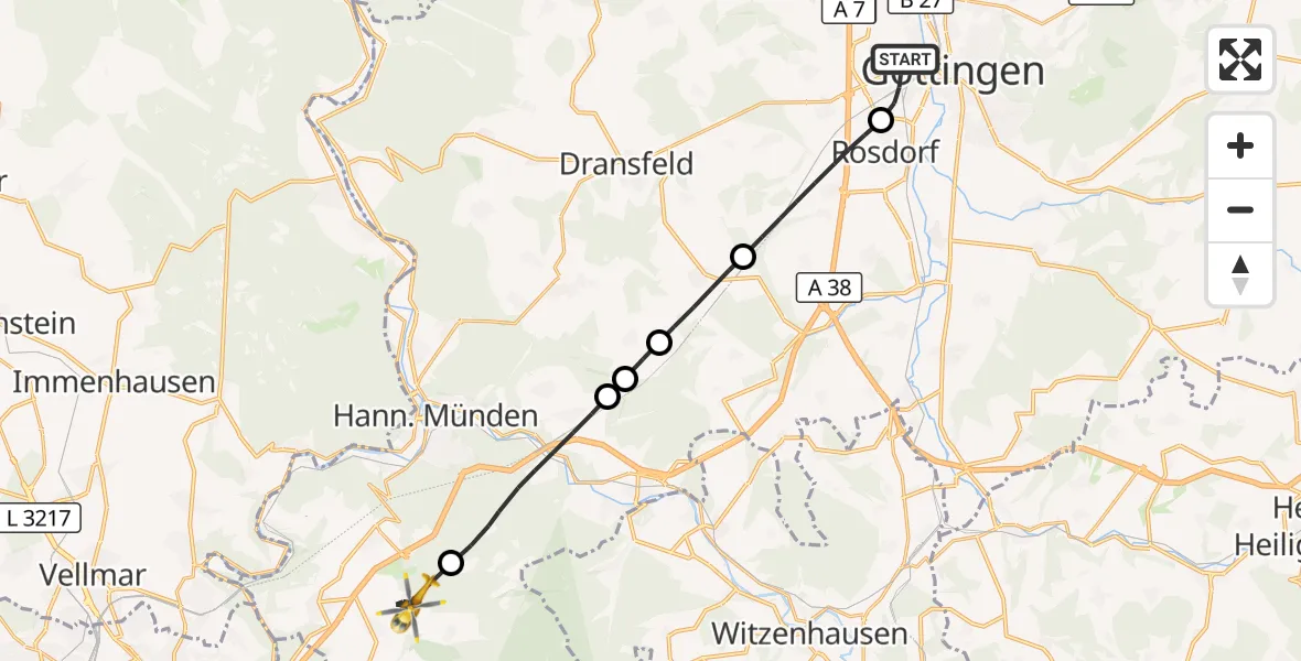 Flugroute Rettungshubschrauber Göttingen - Staufenberg, 29 Juli 2026, 10:35