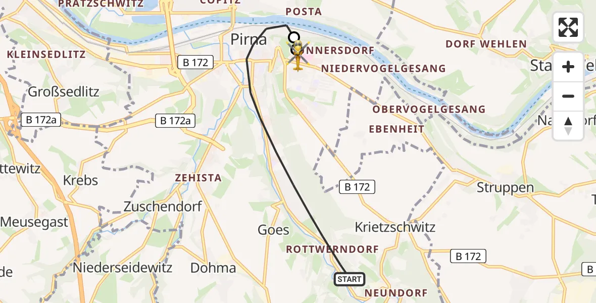 Flugroute Rettungshubschrauber Pirna - Pirna Hospital, 29 Juli 2026, 10:39