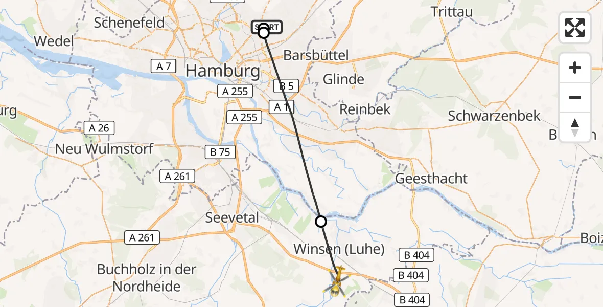 Flugroute Rettungshubschrauber Hamburg Military Hospital - Winsen (Luhe), 29 Juli 2026, 10:47