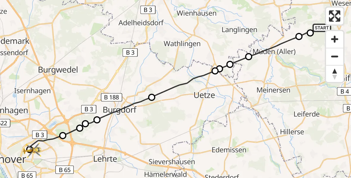 Flugroute Rettungshubschrauber Ummern - Hannover Luftrettung Hubschrauberlandeplatz (Christoph 4), 29 Juli 2026, 10:50