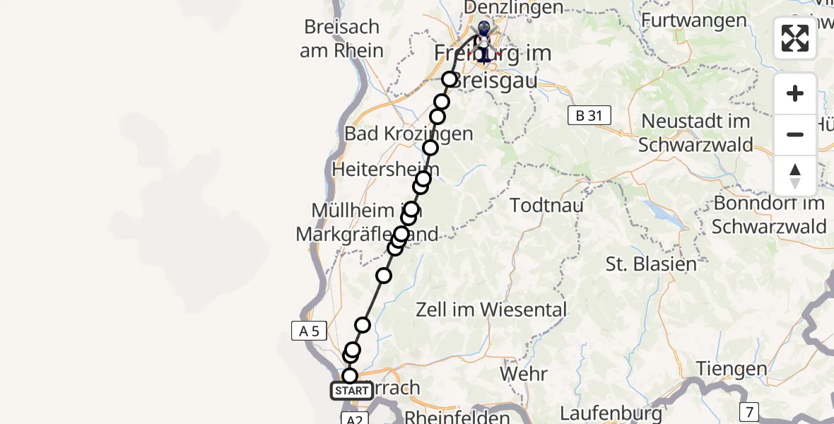Flugroute Polizeihubschrauber Weil am Rhein - Freiburg im Breisgau Flugplatz, 29 Juli 2026, 10:51