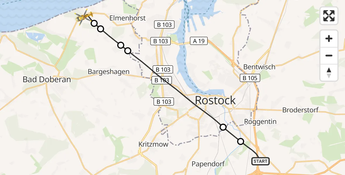 Flugroute Ambulanzhubschrauber Dummerstorf - Nienhagen, 29 Juli 2026, 10:51