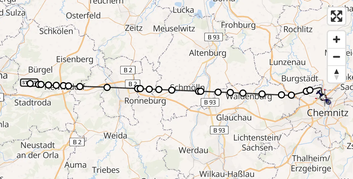 Flugroute Polizeihubschrauber Jena-Schöngleina Flugplatz - Chemnitz-Glösa Industrial Park Hubschrauberlandeplatz, 29 Juli 2026, 10:51
