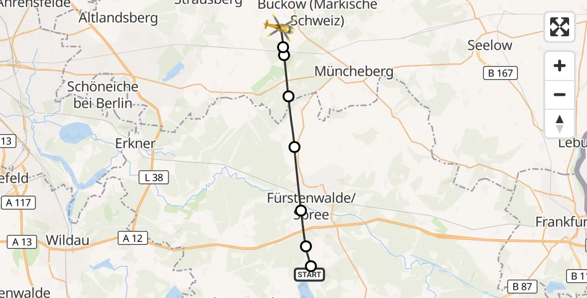 Flugroute Rettungshubschrauber Bad Saarow Hospital - Garzau-Garzin, 29 Juli 2026, 10:51