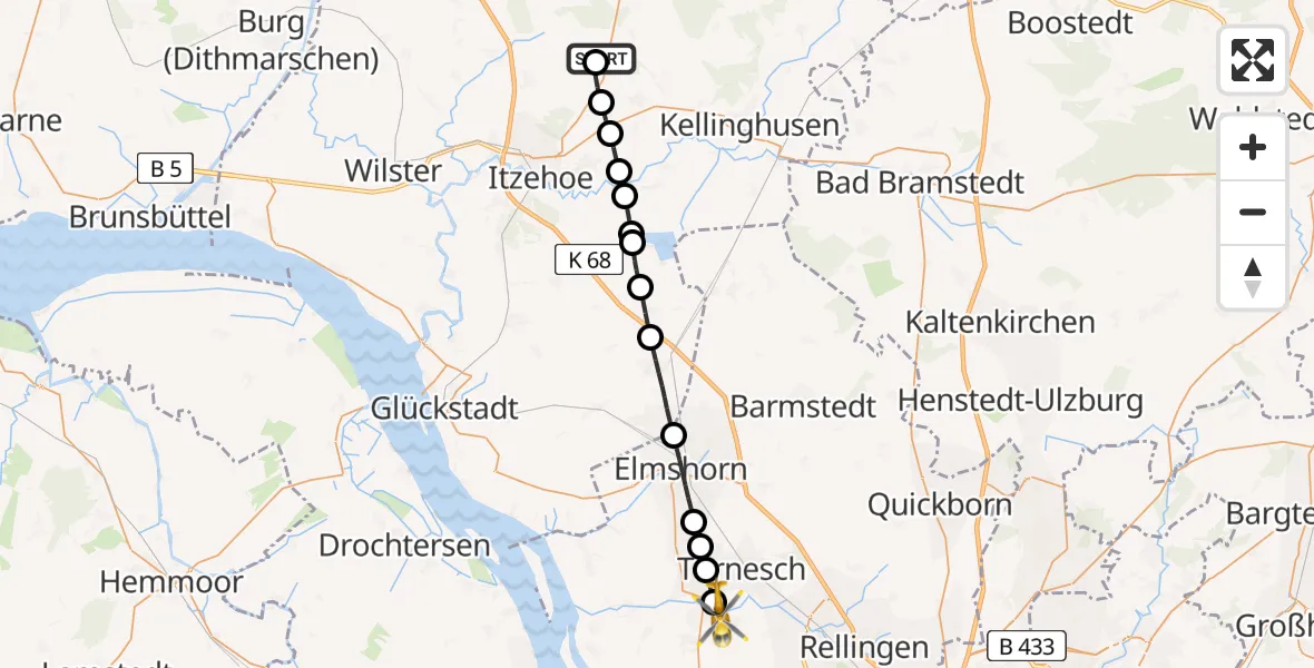 Flugroute Rettungshubschrauber Itzehoe Hungriger Wolf Flugplatz - Moorrege, 29 Juli 2026, 10:52