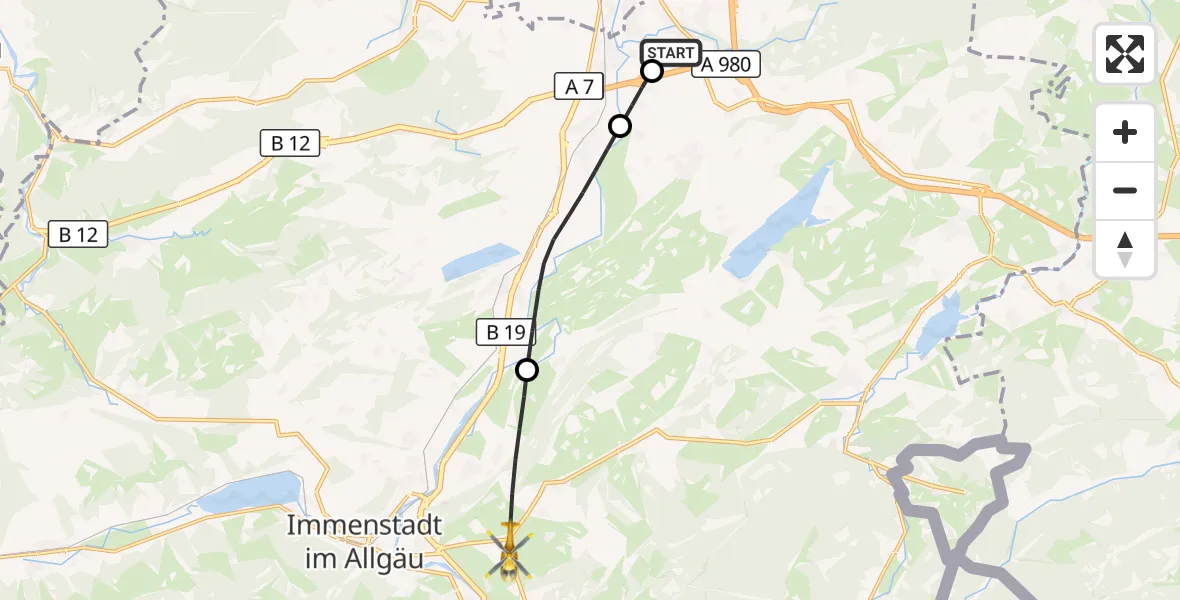 Flugroute Rettungshubschrauber Kempten-Durach Flugplatz - Agathazell Flugplatz, 29 Juli 2026, 10:54