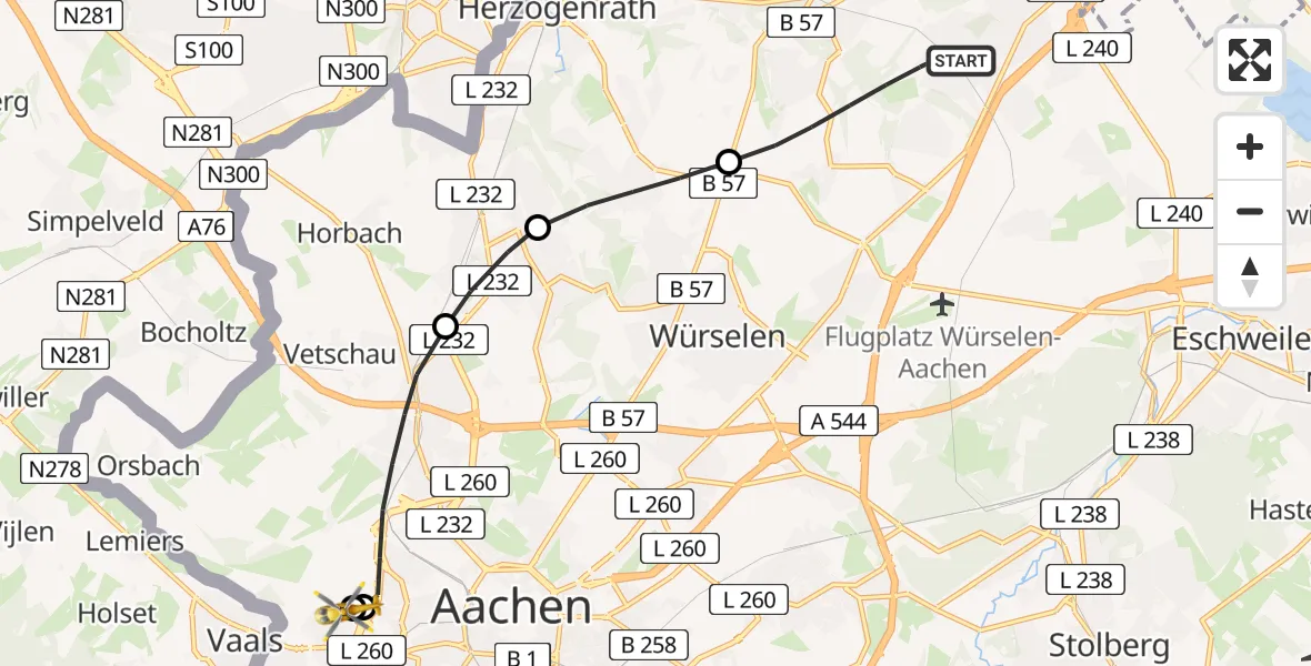 Flugroute Rettungshubschrauber Alsdorf - Aachen Hospital, 29 Juli 2026, 10:54
