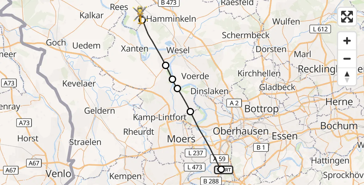 Flugroute Rettungshubschrauber Duisburg Air Rescue Hubschrauberlandeplatz (Christoph 9) - Rees, 29 Juli 2026, 10:58