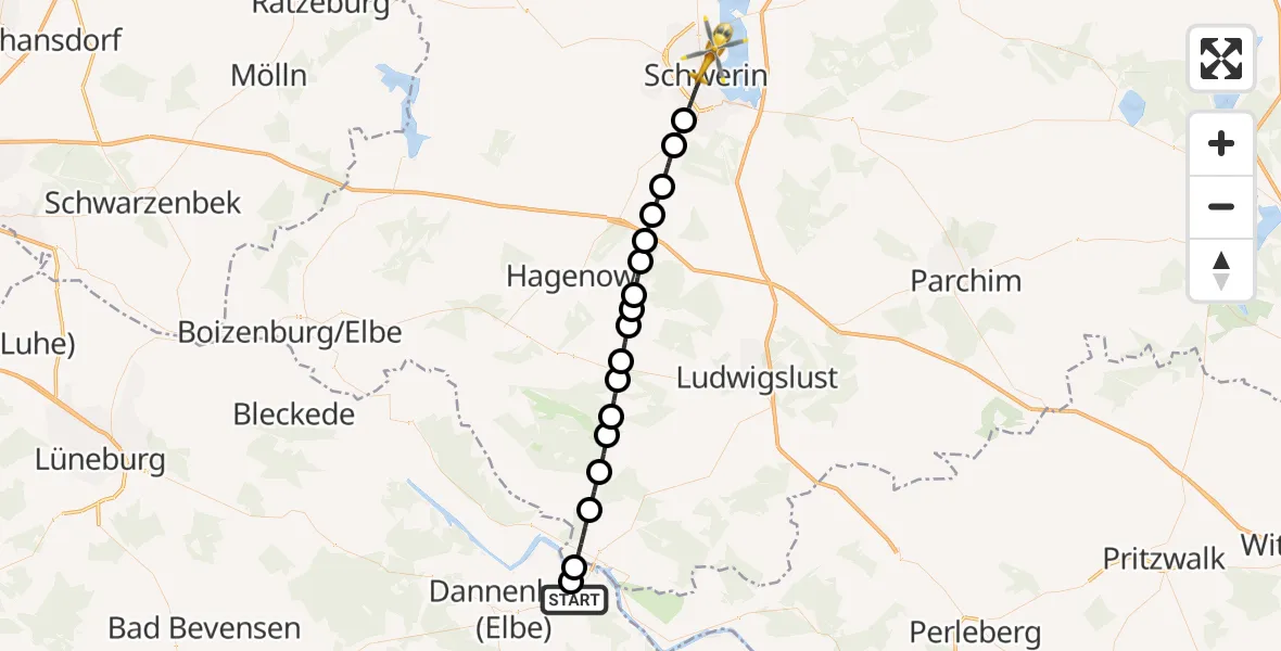 Flugroute Rettungshubschrauber Gusborn - Schwerin, 29 Juli 2026, 11:00