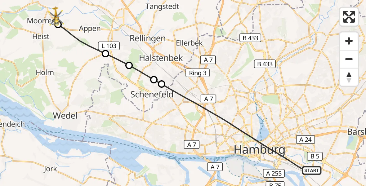 Flugroute Ambulanzhubschrauber Hamburg - Moorrege, 29 Juli 2026, 11:03