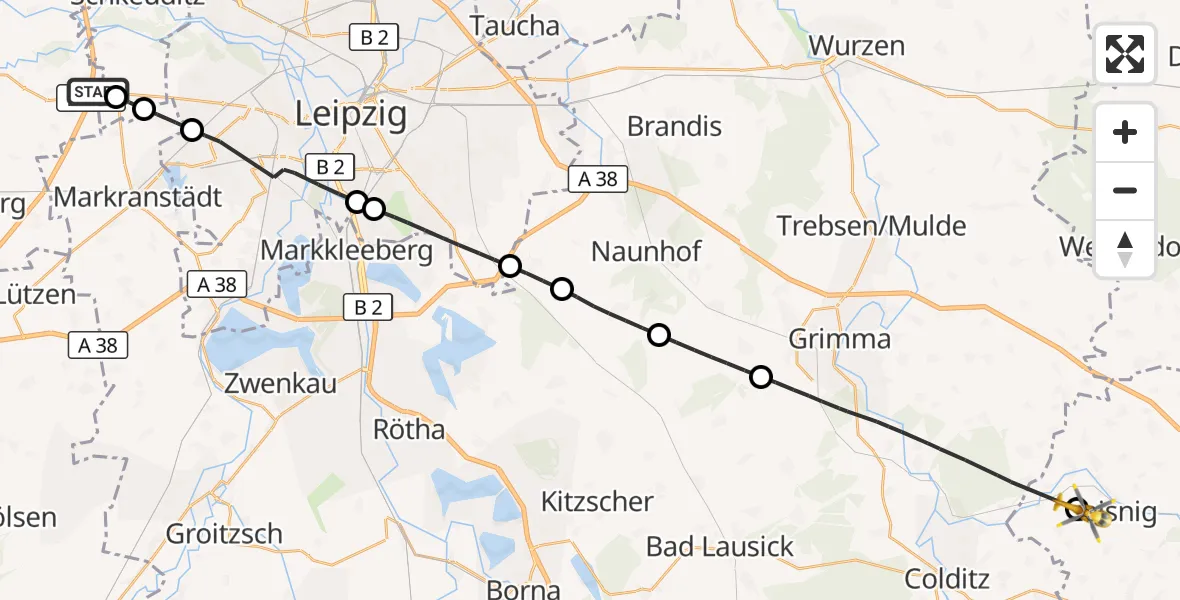 Flugroute Rettungshubschrauber ADAC Air Rescue Station Leipzig/Schkeuditz-Dölzig Hubschrauberlandeplatz (Christoph 61) - Leisnig, 29 Juli 2026, 11:03