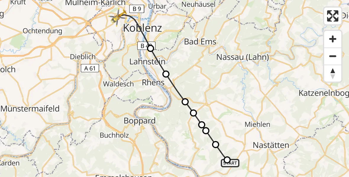 Flugroute Rettungshubschrauber Auel - Koblenz, 29 Juli 2026, 11:05