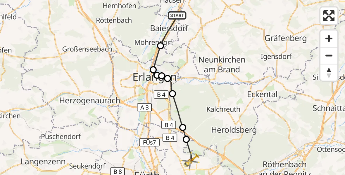 Flugroute Ambulanzhubschrauber Baiersdorf - Flughafen Nuremberg, 29 Juli 2026, 11:09