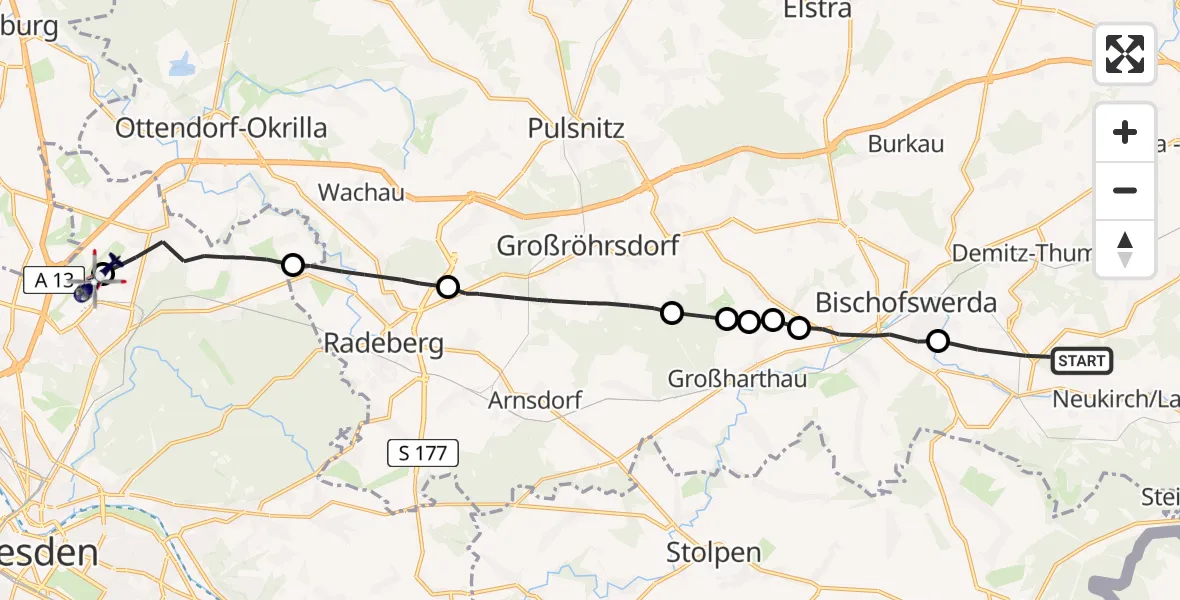 Flugroute Polizeihubschrauber Schmölln-Putzkau - Dresden Bundespolizei Hubschrauberlandeplatz, 29 Juli 2026, 11:11